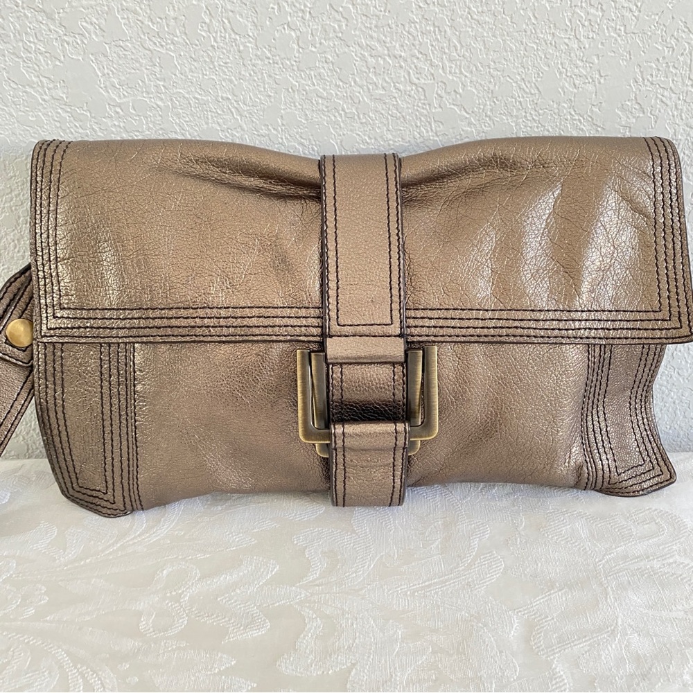 Kooba Bronze Metallic Leather Large Wristlet Clutch Hand Bag